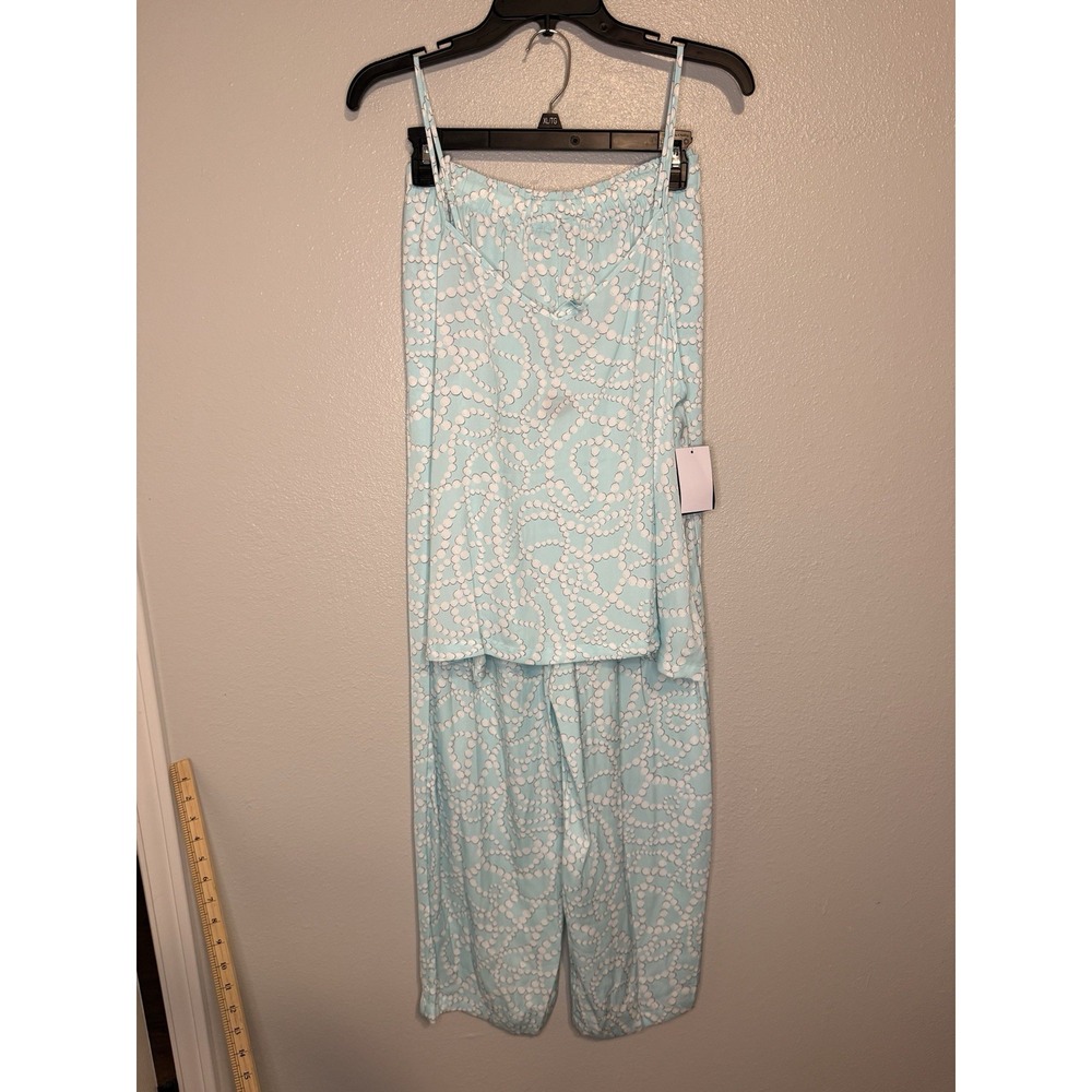 Kate Spade New York Charmeuse Cami Pajama Set Strands Of Pearls Aqua XL NWT